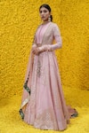 Buy_Mahima Mahajan_Peach Banarasi Chanderi Woven Floral Crop Top Round Abaya Jacket Lehenga Set _at_Aza_Fashions