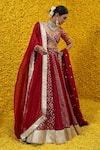 Buy_Mahima Mahajan_Red Banarasi Chanderi Woven Floral Sweetheart Neck Saba Bridal Lehenga Set _at_Aza_Fashions