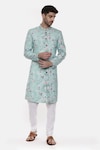 Buy_Mayank Modi - Men_Blue Linen Printed Floral Sherwani Set_at_Aza_Fashions