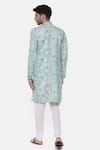 Shop_Mayank Modi - Men_Blue Linen Printed Floral Sherwani Set_at_Aza_Fashions