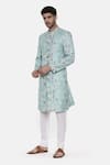 Mayank Modi - Men_Blue Linen Printed Floral Sherwani Set_Online_at_Aza_Fashions