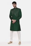 Mayank Modi - Men_Green Silk Slub Plain Overlap Sherwani Set _Online_at_Aza_Fashions