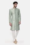 Mayank Modi - Men_Green Banarasi Brocade Jacquard Woven Floral Sherwani Set _Online_at_Aza_Fashions