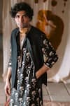 Shop_Masaba_Black Raw Silk Periwinkle Foil Print Kurta _Online_at_Aza_Fashions