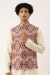 Buy_Mayank Modi - Men_Beige Chanderi Printed Bundi  _at_Aza_Fashions