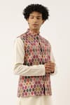 Mayank Modi - Men_Beige Chanderi Printed Bundi  _Online_at_Aza_Fashions