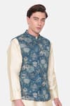 Shop_Mayank Modi - Men_Blue Mulmul Printed Botanical Bundi _Online_at_Aza_Fashions