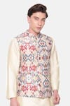 Shop_Mayank Modi - Men_Beige Mulmul Printed Ikat Bundi _Online_at_Aza_Fashions