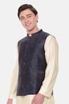 Buy_Mayank Modi - Men_Blue Chanderi Bamberg Printed Floral Bundi _Online_at_Aza_Fashions