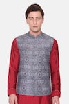 Mayank Modi - Men_Blue Bamberg Linen Printed Vintage Bundi _Online_at_Aza_Fashions