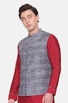 Shop_Mayank Modi - Men_Blue Bamberg Linen Printed Vintage Bundi _Online_at_Aza_Fashions