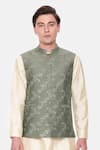 Mayank Modi - Men_Green Chanderi Embroidered Resham And Sequin Work Floral Vine Bundi _Online_at_Aza_Fashions