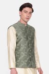 Shop_Mayank Modi - Men_Green Chanderi Embroidered Resham And Sequin Work Floral Vine Bundi _Online_at_Aza_Fashions