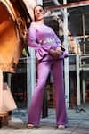 Buy Manika Nanda Purple Crepe Spandex Round Bell Sleeve Top And Pant Set at Aza Fashions Buy_Manika Nanda_Purple Crepe Spandex Round Bell Sleeve Top And Pant Set _at_Aza_Fashions