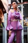 Shop Manika Nanda Purple Crepe Spandex Round Bell Sleeve Top And Pant Set at Aza Fashions Shop_Manika Nanda_Purple Crepe Spandex Round Bell Sleeve Top And Pant Set _at_Aza_Fashions