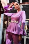 Manika Nanda Purple Crepe Spandex Round Bell Sleeve Top And Pant Set Online at Aza Fashions Manika Nanda_Purple Crepe Spandex Round Bell Sleeve Top And Pant Set _Online_at_Aza_Fashions