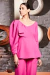 Shop_Manika Nanda_Pink Crepe Spandex V Neck Peplum Top And Pant Set _at_Aza_Fashions