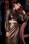 Manika Nanda_Gold Crepe Spandex High Neck Metallic Top And Skirt Set _Online_at_Aza_Fashions