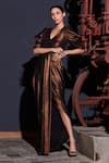 Buy_Manika Nanda_Brown Crepe Spandex V Neck Metallic Draped Gown _at_Aza_Fashions