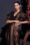 Manika Nanda_Brown Crepe Spandex V Neck Metallic Draped Gown _Online_at_Aza_Fashions