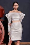 Buy_Manika Nanda_Gold Crepe Spandex Straight Metallic Off Shoulder Top And Skirt Set  _at_Aza_Fashions