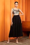 Buy_Manika Nanda_Black Crepe Spandex Square Neck Metallic Crop Top And Skirt Set  _at_Aza_Fashions