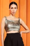 Manika Nanda_Black Crepe Spandex Square Neck Metallic Crop Top And Skirt Set  _Online_at_Aza_Fashions