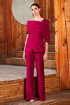 Buy Manika Nanda Pink Crepe Spandex Asymmetric Bell Sleeve Top And Pant Set at Aza Fashions Buy_Manika Nanda_Pink Crepe Spandex Asymmetric Bell Sleeve Top And Pant Set _at_Aza_Fashions