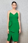 Buy_Manika Nanda_Green Crepe Spandex V Neck Draped Pencil-fit Dress _at_Aza_Fashions