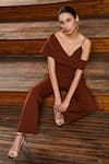 Shop_Manika Nanda_Brown Crepe Spandex Asymmetric Off Shoulder Top And Pant Set  _at_Aza_Fashions