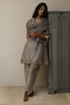 Buy_Shorshe Clothing_Grey Handloom Tissue Notched Kurta Set _at_Aza_Fashions