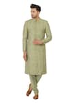 Buy_Manish Nagdeo_Green Cotton Silk Block Print Sherwani And Kurta Set _at_Aza_Fashions