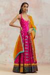 Aum By Asit And Ashima_Fuchsia Silk Floral Halter Neck Anarkali With Dupatta_Online_at_Aza_Fashions