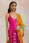 Shop_Aum By Asit And Ashima_Fuchsia Silk Floral Halter Neck Anarkali With Dupatta_Online_at_Aza_Fashions