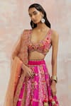 Shop_AUM by Asit and Ashima_Fuchsia Blouse And Lehenga Silk & Dupatta Organza Embroidery Mirror V Neck Set _Online_at_Aza_Fashions