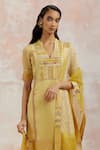 AUM by Asit and Ashima_Yellow Organza Embroidery Geometric Mandarin Collar Straight Kurta Set  _Online_at_Aza_Fashions