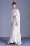 Buy_Mishru_White Dupion Silk Bishop Sleeve Gown With Belt_at_Aza_Fashions