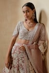 Shop_Mishru_Pink Organza V Neck Embroidered Bridal Lehenga Set  _at_Aza_Fashions