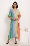 Buy_Ranng Label_Multi Color Viscose Georgette V Neck Ombre Pleated Kaftan _at_Aza_Fashions