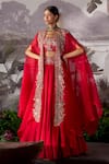 Buy_Mrunalini Rao_Red Dupion Silk Embroidery Zardozi Cape Open And Skirt Set _Online_at_Aza_Fashions