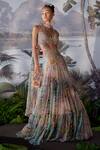 Buy_Mrunalini Rao_Pink Chiffon Floral Print Tiered Skirt Set_at_Aza_Fashions