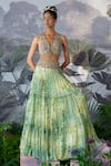 Buy_Mrunalini Rao_Green Chiffon Floral Print Tiered Skirt Set_at_Aza_Fashions