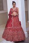 Buy_Mishru_Red Raw Silk V Neck Embroidered Lehenga Set _at_Aza_Fashions