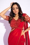 Devika Seth_Red Georgette Embroidery Round Pre-draped Saree Set _Online_at_Aza_Fashions