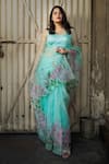 Buy_Muksweta_Blue Organza Silk Satin Hand Painted Floral Saree _at_Aza_Fashions