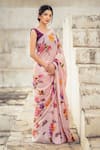 Buy_Muksweta_Pink Silk Hand Painted Floral And Bead Saree  _at_Aza_Fashions