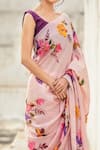 Shop_Muksweta_Pink Silk Hand Painted Floral And Bead Saree  _at_Aza_Fashions