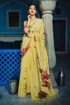 Buy_Muksweta_Yellow Silk Crepe Hand Painted Floral And Bead Saree  _at_Aza_Fashions