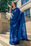 Buy_Muksweta_Blue Silk Hand Painted Floral Saree  _at_Aza_Fashions