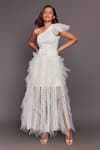 Deepika Arora_White One Shoulder Ruffle Gown_Online_at_Aza_Fashions